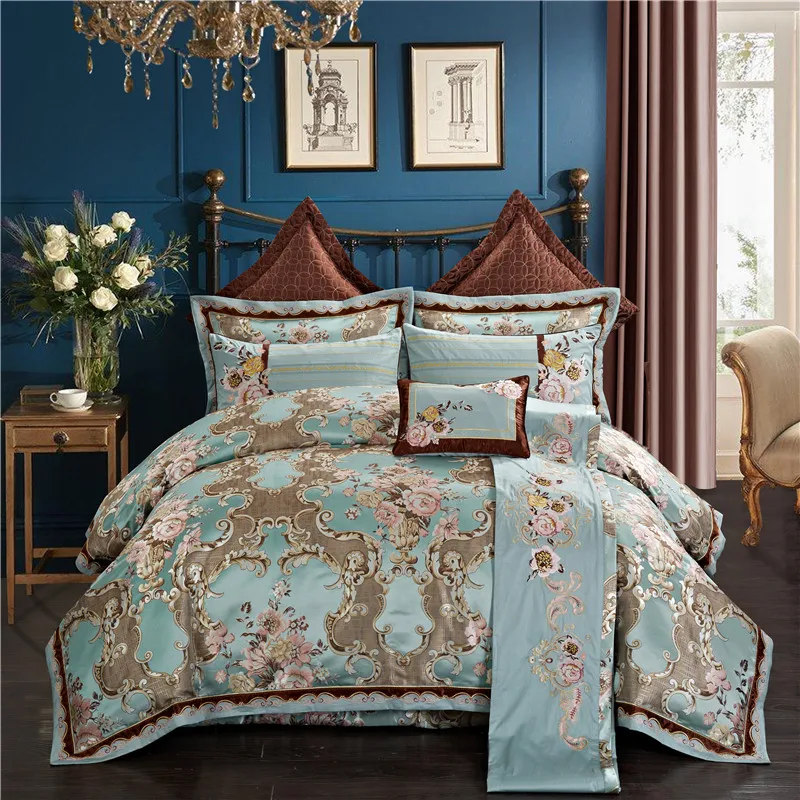 

Royal Wedding Silk Cotton Jacquard Luxury Bedding set Duvet Cover Embroidery Bed Sheet Pillowcases Queen King size 4/6/9pcs
