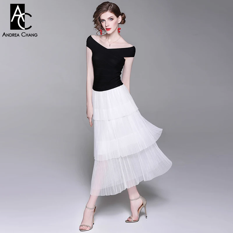 

spring summer woman dress slash collar black knitted top layered pleated gauze bottom patchwork dress sweet calf length dress
