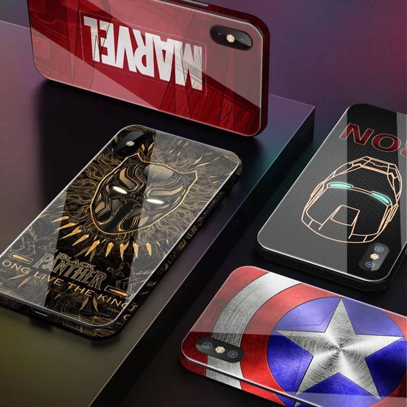 

Marvel Avengers Tempered Glass Phone Cases for iPhone XS Max XR 10 6 6s 7 8 Plus 8Plus 7Plus Ironman Spiderman Cover Logo coque