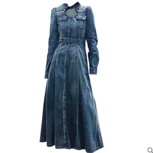 Джинсовое платье женское вышитое Винтажное с отворотом большое свободное тонкое с длинным рукавом А-силуэта джинсовое платье - Цвет: blue