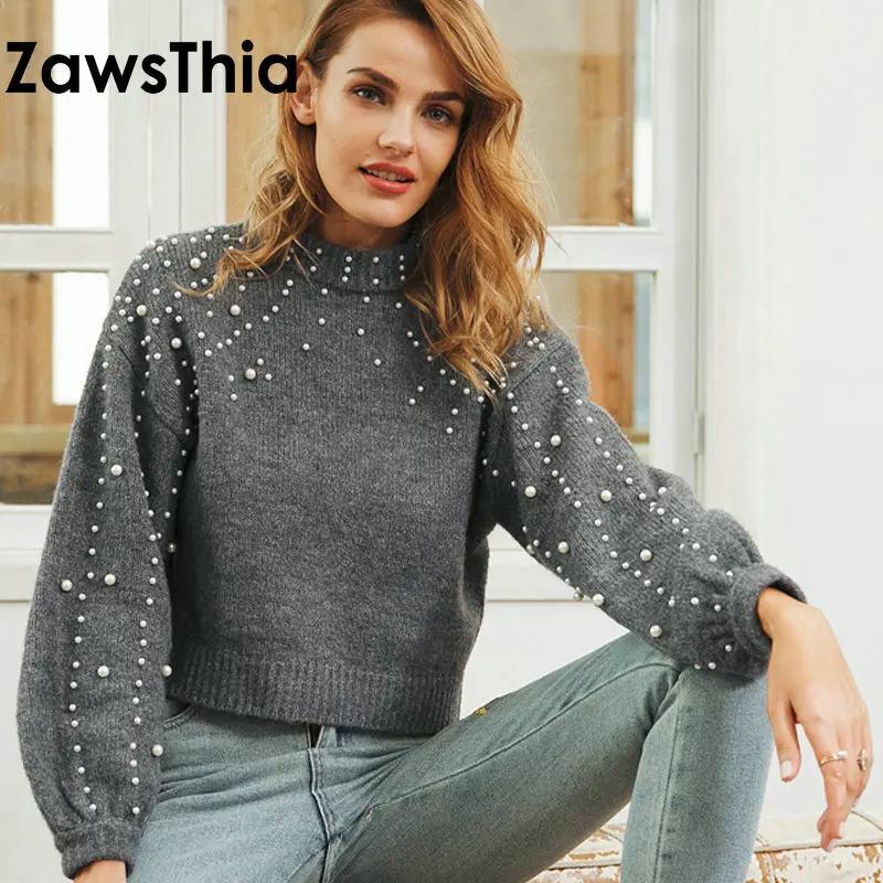 

ZawsThia fashion grey knitting woman clothes tops winter autumn o-neck long sleeve women knitted sweaters with pearls decoration