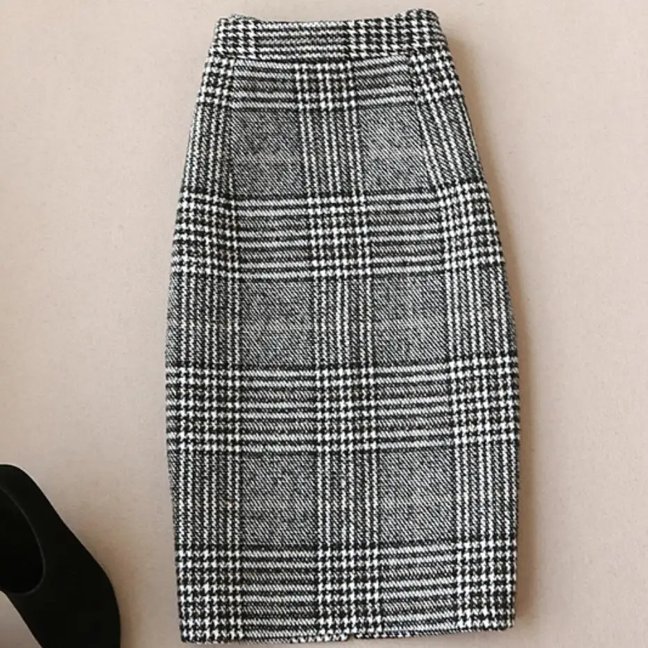 

2019 Autumn Winter Women Plaid Skirt office lady High Waist pencil Skirt Medium Long Woolen Skirt