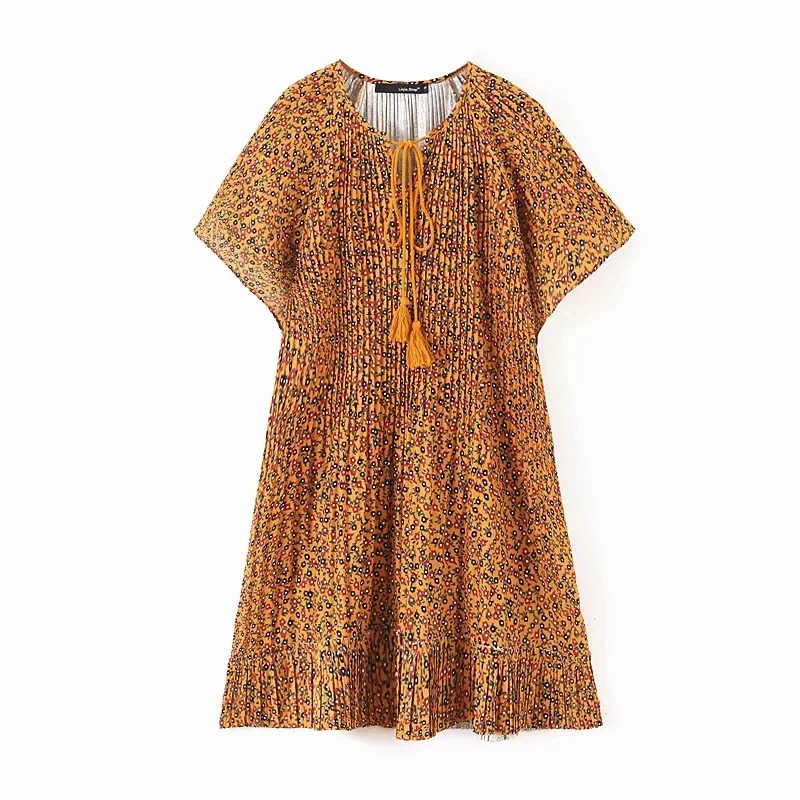 

Bohemian women cotton blended dress 2019 summer fashion ladies oversize boho tassel dress yellow girls chic pleated floral dress