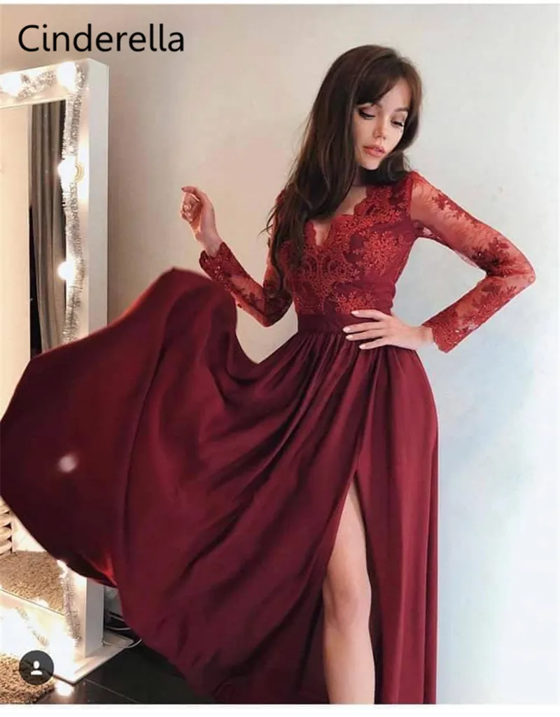 

Cinderella V-Neck Long Sleeves A-Line Zipper Back Side Slit Lace Applique Chiffon Evening Dresses vestidos de fiesta de noche