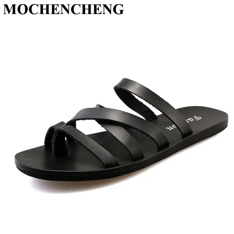 

New Men Slippers Genuine Leather Shoes Large Size Summer Breathable Flat Flip Flop Beach Sandals Wear Resitant Male Casual Shoes