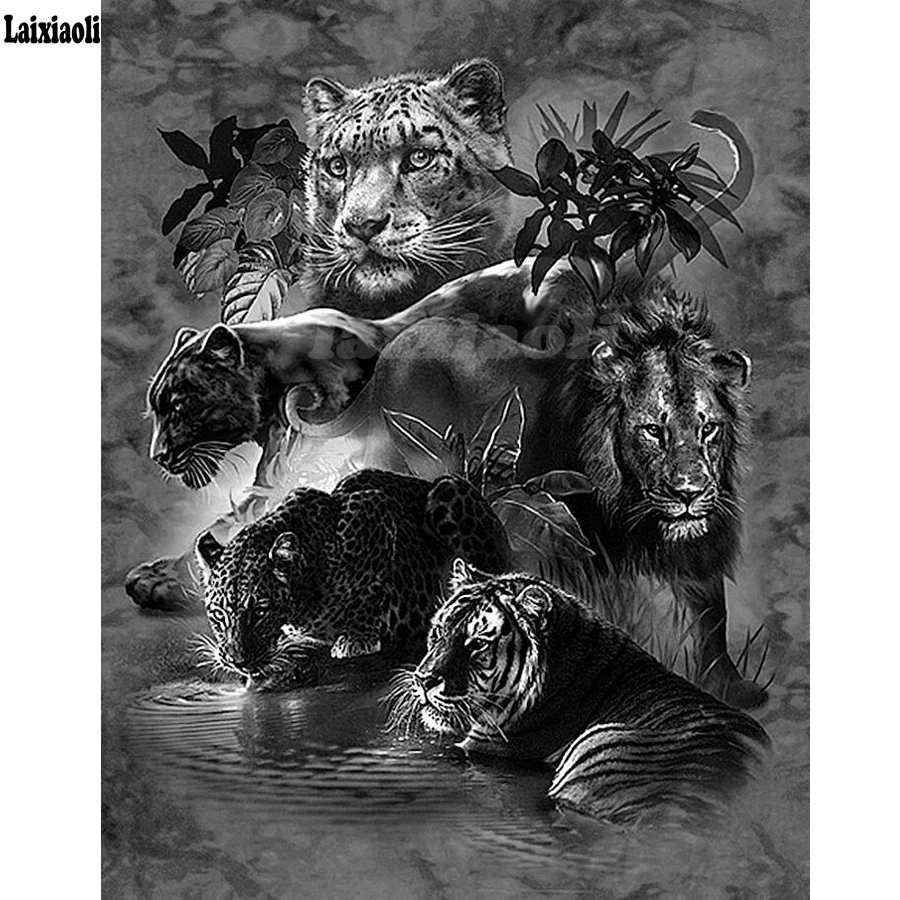 Full Square round Diamond 5D DIY Diamond Painting Tiger Lion Leopard 3D Embroidery Cross Stitch Rhinestone Mosaic black white Decor