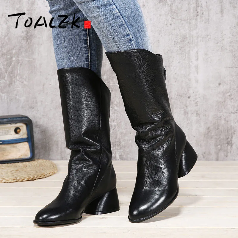 

Leather women's Boots Winter New mid-length boots chunky mid heel high boots head leather European American Knight Boots