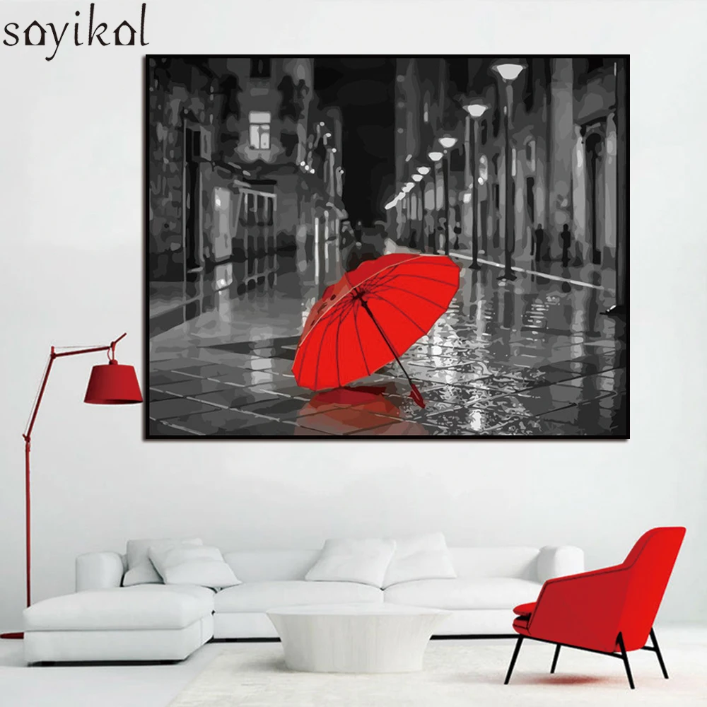 Wooden Framed DIY Painting By Numbers Kit Red Umbrella Landscape Acrylic Paint By Number Modern Wall Art Picture Canvas Painting