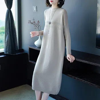 

Womens Spring Dress Early Spring Party Knitted European Riding Casual Dress O-Neck Knee Long Sleeve Straight Loose Wild Dress
