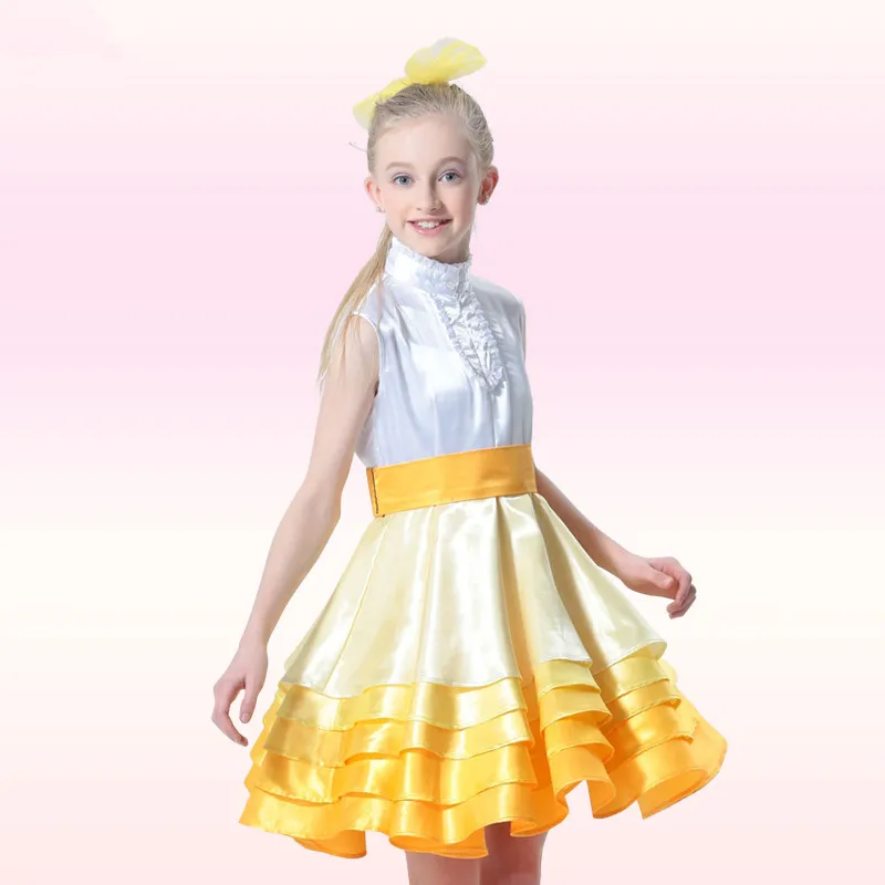 

2016 Brand Design Lovely Royal Princess Layered Dress Elegant Slim Belt Girls Turtleneck Dance Dress Children Chorus Costume