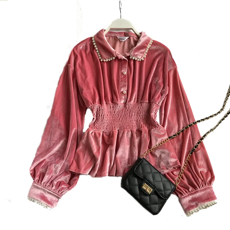 

women's Beading Velvet blouse women Spring Solid Slim Blouse Long Sleeve Peter pan Collar blusas women tops vintage blouses