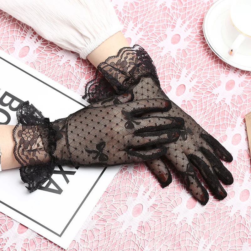 Женские кружевные перчатки с оборками и цветочным принтом, элегантные женские вечерние солнцезащитные перчатки для вождения - Цвет: Black