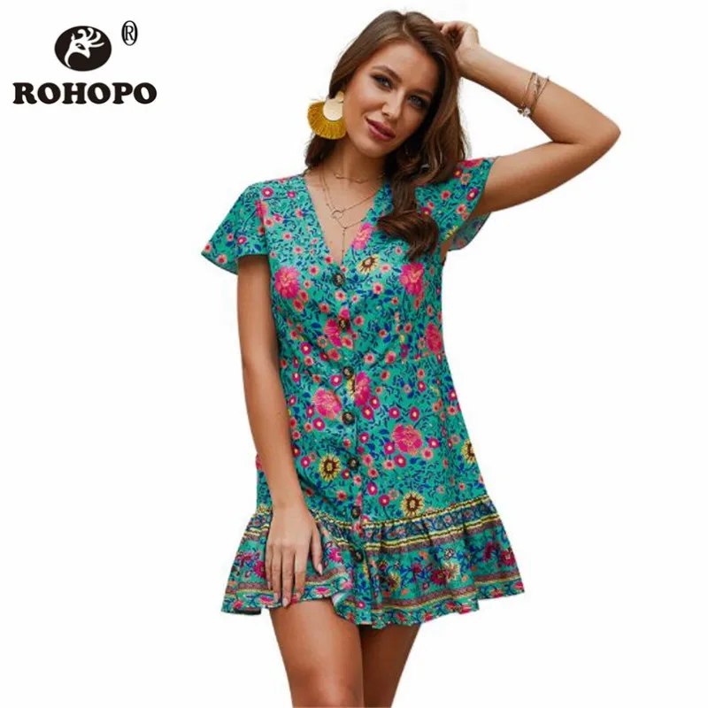 

Single Buttons V neck Dress Print Floral Short Sleeve Outwear Summer Above Knee Length Mini Sweet Short Dress Red Water Blue