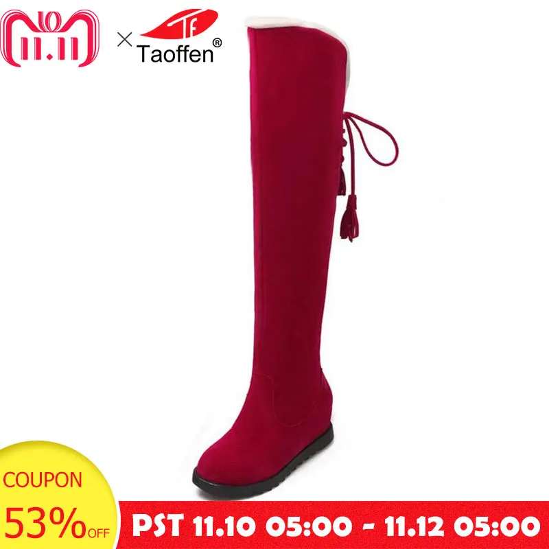 Taoffen Women Winter Flats Boots Thick Fur Snow Boots Over The Knee Lace Up Warm Women Shoes Inside Fur Footwear Size 34-43 цена Taoffen Women Winter Flats Boots Thick Fur Snow Boots Over The Knee Lace Up Warm Women Shoes Inside Fur Footwear Size 34-43 цены онлайн