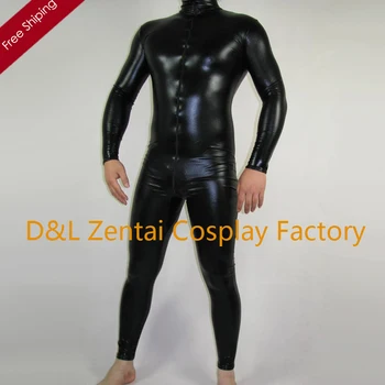 

Free Shipping DHL Black Shiny Metallic Front Open Unisex Catsuit Halloween Party Cosplay Sexy Costumes Catsuit Zentai Suit SM108