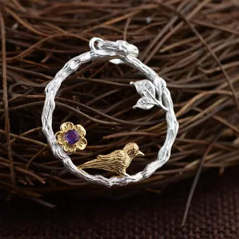 

FNJ 925 Silver Bird Pendant for Jewelry Making Purple Zircon Stone Flower 100% Pure S925 Sterling Silver Pendants Women