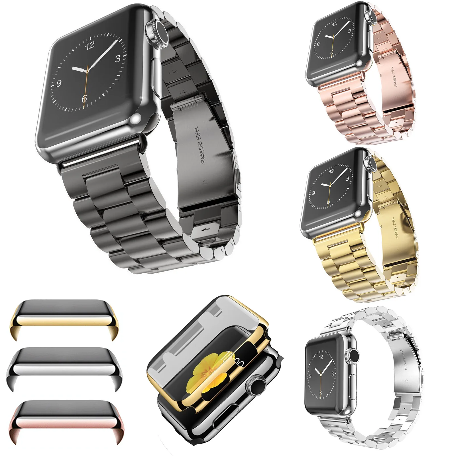 

Stainless Steel Watchband for Apple Watch Strap with Screen Film Gold Plating Case for Apple Watch Series 2 iWatch 1st 2nd Cover