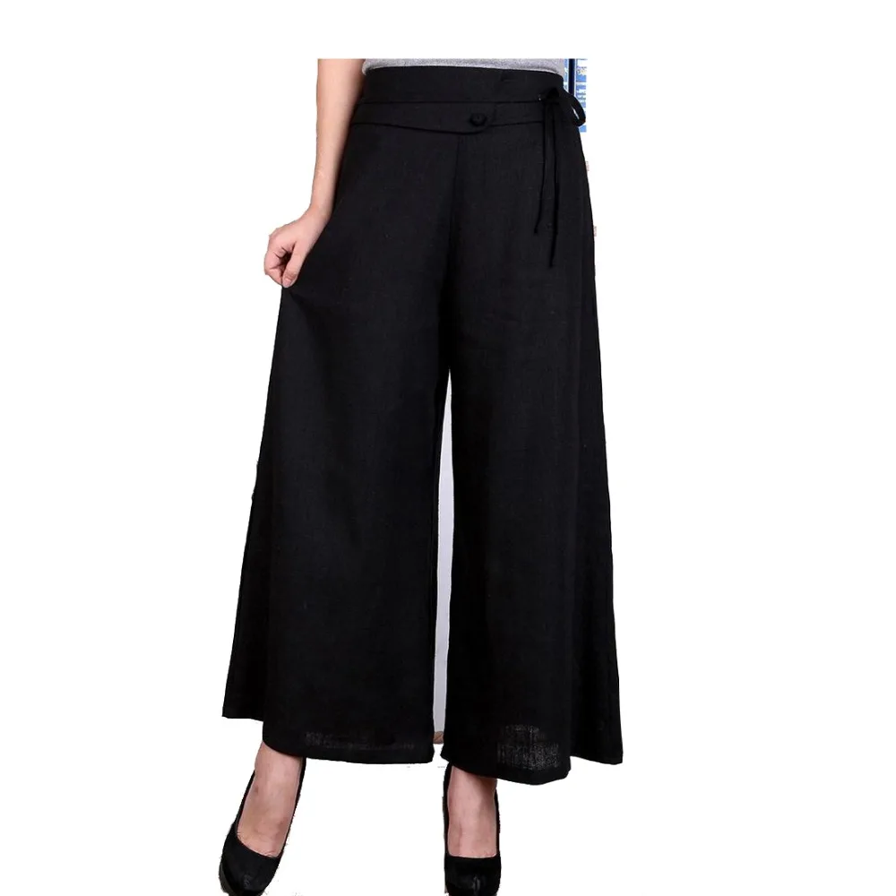 All Match Solid Black Female Cotton Linen Wide Leg Pant Chinese Style ...