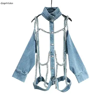 

Cool Chains Jean jacket 2019 Spring Motorcycle Denim Coat girl Hollow Out coats Punk Rock Coats Loose Backless coats LT465S30