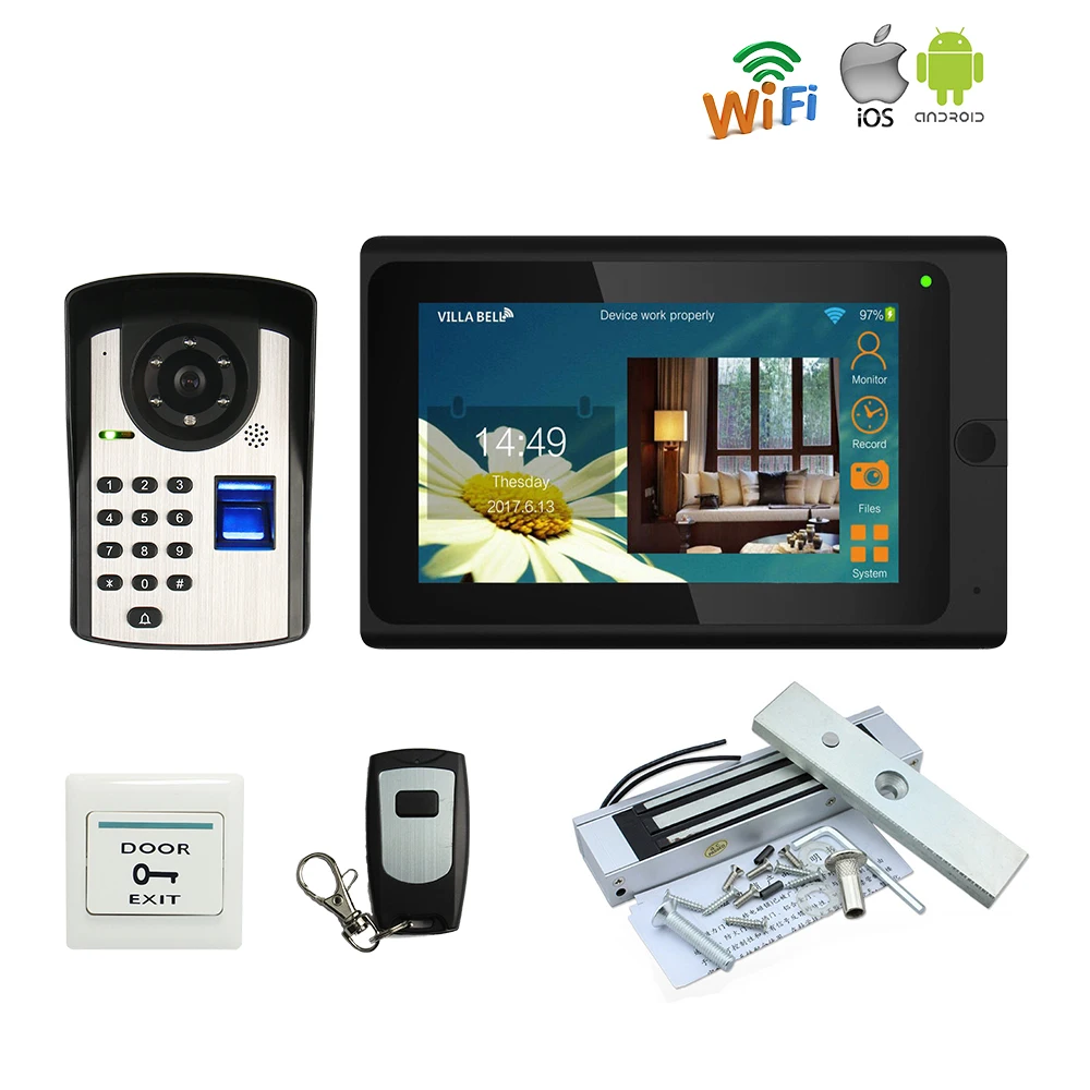 

720P WIFI IP 7" Touch Screen Video Intercom Door Phone Record Kit Fingerprint Keypad Remote Unlock Camera Electric Magnetic Lock