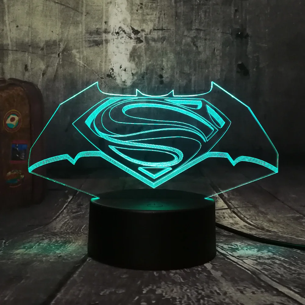 Крутой 3D светодиодный DC Супермен логотип БЭТМЭН символ ночник настольная лампа 7 цветов Изменение фонарик USB rgb контроллер игрушка детский подарок