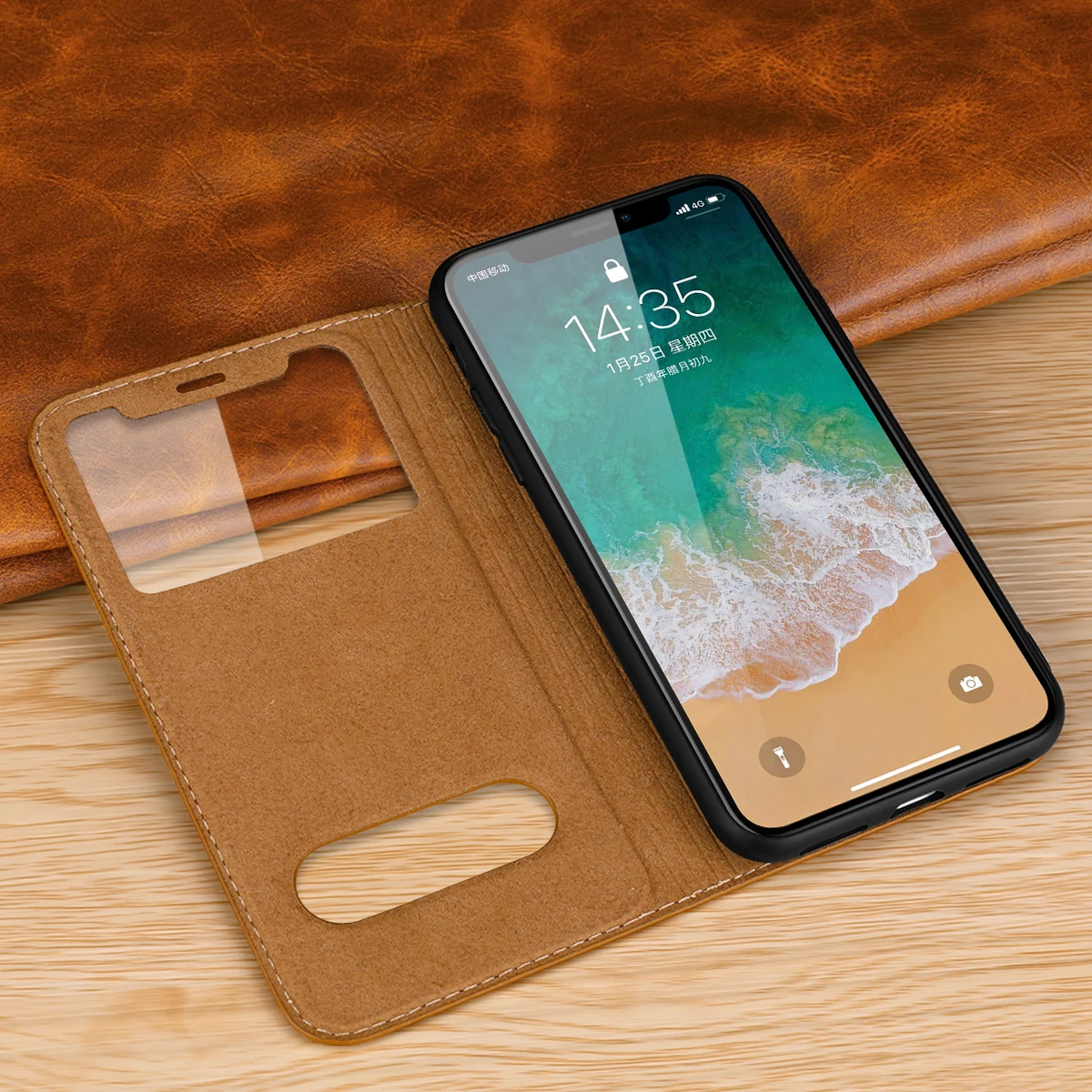 For iPhone Xs Max Xr X 7 8 6s Plus Genuine Leather Flip Case w/View Window Stand Smart Sleep/Wake Magnetic Closure Soft Cover