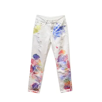 

2019 Hole Irregular Print Jeans Women Loose White Pants Personality Painted High Waist Harem Pants