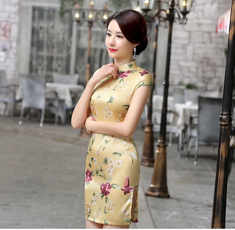 Шэн Коко дамы желтый Cheongsam золото китайское платье Шелковый Вьетнам Qipao Ретро Высокое качество печати Branco цветок