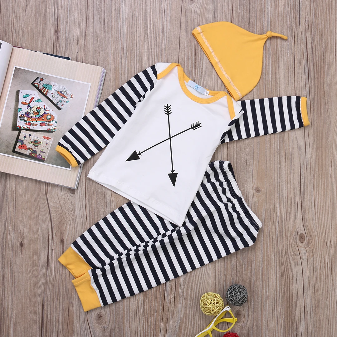 

Infant Baby Outfits Clothes Babies Kids Cotton Striped Top Pants Hat Outfit Set Clothing 2019 Boys Girls Arrow Cross