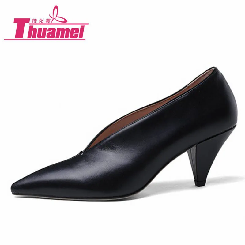 

New Fashion Genuine Leather Shoes Women Pumps Women's Shoes Pointed Toe Fashion High Heels Women Shoes Black #Y0717569F
