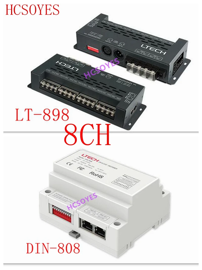 

LTECH 8CH 8-channel DMX decoding driver LT-898 Constant voltage DMX512 decoder DIN-808 6 RGB Strip Controller XLR-3 RJ45 3A*8CH