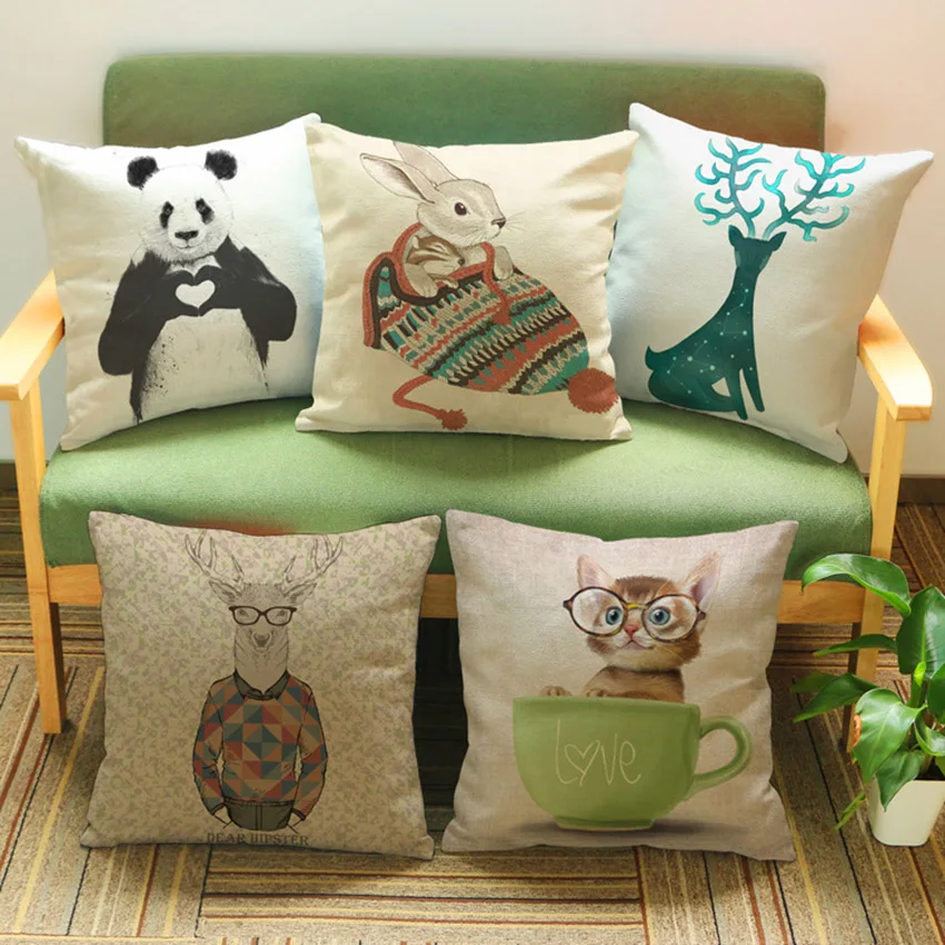 18" Linen Home Decor Pillows Panda Deer Cat Lovely Cute Cotton Linen