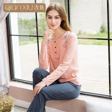 Qianxiu/комплекты хлопковых пижам с длинными рукавами; осенняя одежда для сна; пижамы для девочек; Mujer; женская повседневная одежда из 2 предметов; пикантная домашняя одежда; подарок для дома