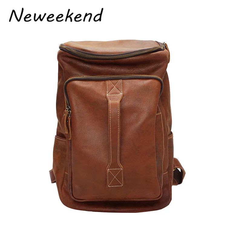 

NEWEEKEND Vintage Genuine Leather Multifunction Large Capacity 14 Inch Soft Zipper Shoulder Backpack Laptop Travel Bag for Man