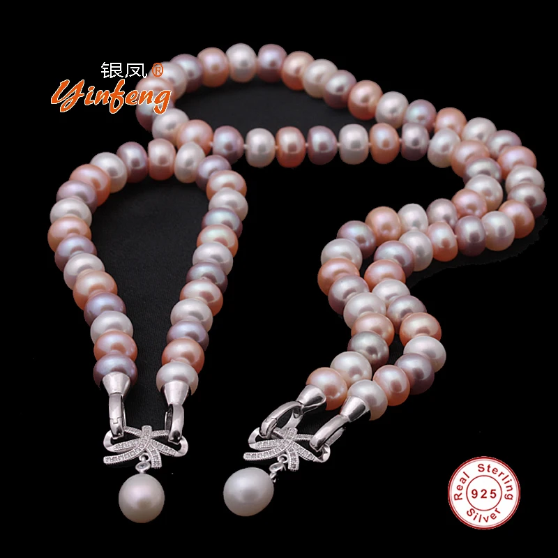 

[MeiBaPJ] 100% real natural freshwater pearl jewelry sets necklace and bracelet for women real 925 silver bow pendant gift box