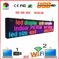 Placa de leg sem fio, 40x9 polegadas, 7 cores, usb, programável, informações de rolamento, p6, tela de exibição interno