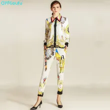 QYFCIOUFU High Quality Women Two Piece Set Vintage Tribe Printed Long Sleeves Tops And Blouses + Casual Floral Pants Suit