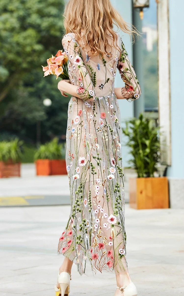 2018 Вечеринка платья для женщин великолепные Половина рукава Sheer Mesh Вышивка Boho