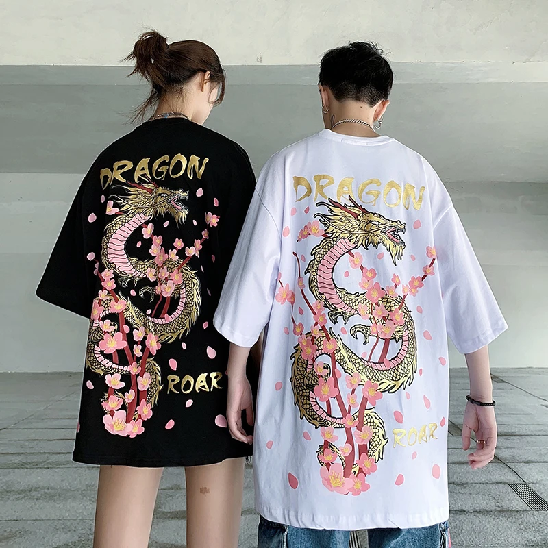

2019 Summer Dragon Cherry Blossom Print Couple Short Sleeve T-Shirt Oversized Casual Hip Hop Street Dress High Quality Tee Men