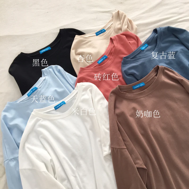 النساء طويل كم T قميص المتناثرة Kawaii قمم قمزة الإناث الأزياء Ulzzang تي شيرت Preppy نمط التي شيرت