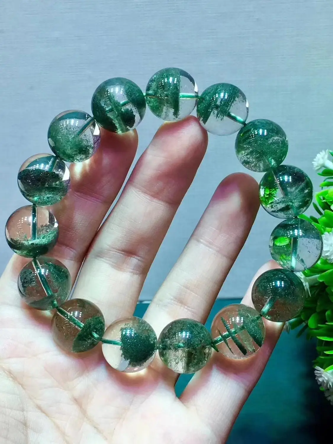 

Genuine Natural Green Phantom Quartz Ghost Crystal Clear Round Beads Stretch 15mm Women Men Bracelet AAAAA Certificate