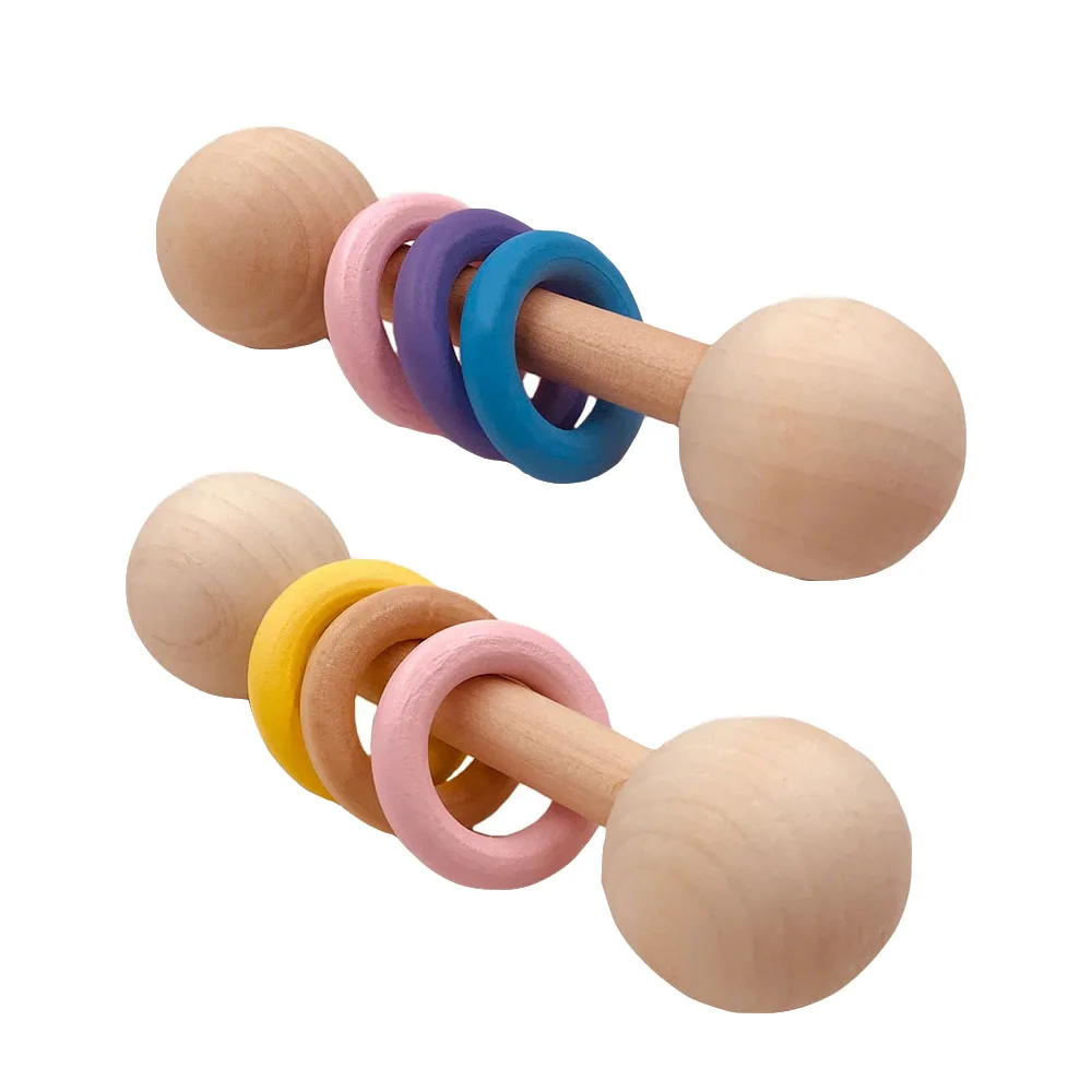 

Toddler Wooden Toys Baby Rattles Teether Development Montessori Early Educational Toys 3 Rings Teething Chew Rattle on The Bed