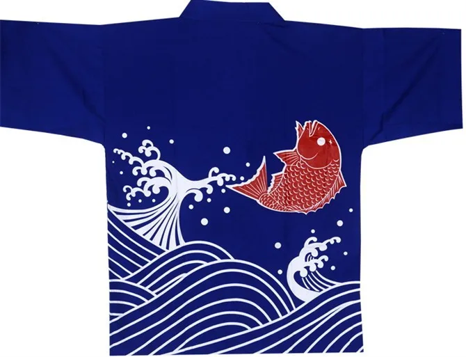 

Japanese Women Men Restaurant Bar Clothes Chef/Cook Coat Jackets Uniform, Sushi/Sashimi/Salmon, Blue with Spray and Carp, 3 Size