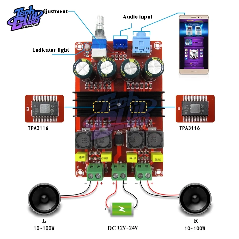 2*100 Вт TPA3116 2,1 цифровой аудио усилитель доска XH-HM190 TPA3116D2 сабвуфер усилитель мощности динамика DC12V-24V