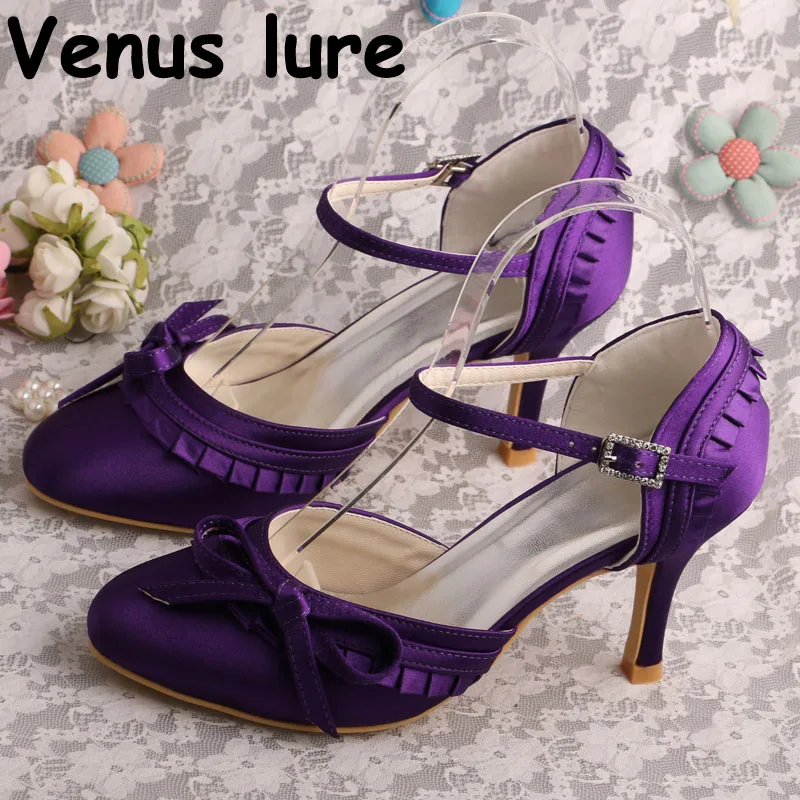 Purple Shoes Bow Round Toe Thin Heel Elegantpark Wedding