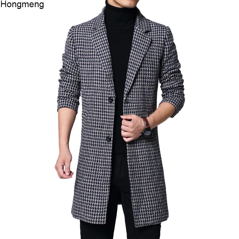 

Mens long coat winter woolen melton overcoat puppy plaid two buttons full lining long sleeve M-6XL black 18NovW4 drop shipping