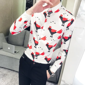 

18 spring new men long sleeve shirt Personality rooster printed wet shirt 1803 - P55 north mode spot