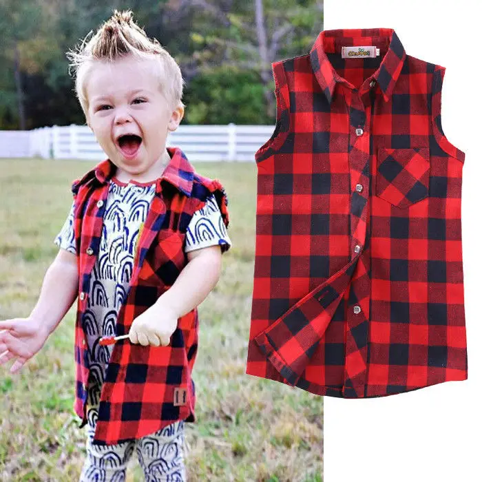 

Hot Fashion Baby Boy Sleeveless Blouse Baby Girl Red Plaids Checks Top Kids Autumn Cotton Clothes