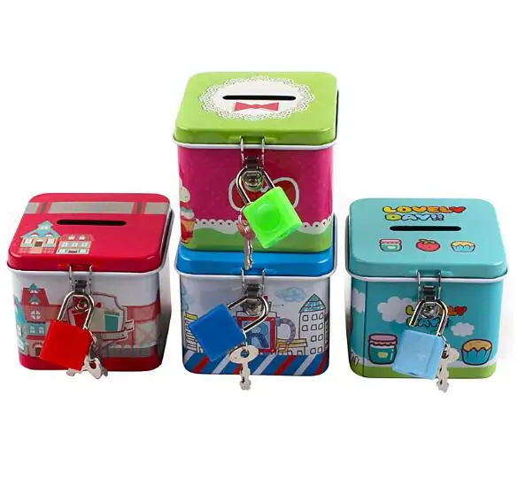 

1PC Portable Cute Square Tin Metal Piggy Bank Saving Cash Coin Money Box Children Toy Kids Gifts Home Collection ELG 004