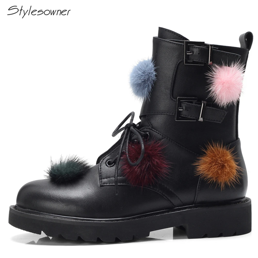 

Stylesowner Fashion Brand Design Ankle Boots Fluffy Colorful Hair Balls Shoes Genuine Leather Lace Up Motorcycle Botas BlackShoe